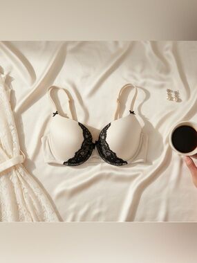 La SENZA White Lightly Lined Demi Bra Sz 38B Black Lace Rhinestone Underwire‎